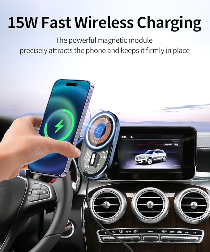 Wireless Charging Car Phone Holder for Mercedes Benz GLC-Class 2016-2019 / C-Class 2015-2018, 7" Screen Fixed Clip, 360° Rotation Car Phone Mount Compatible with MagSafe
