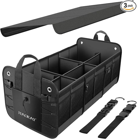 HAOKAY Car Trunk Organizer with Lid，Heavy Duty Extra Large Premium Black Oxford Multi Compartments Collapsible trunk organizer for SUV, Van, Truck, Sedan, Jeep （90L