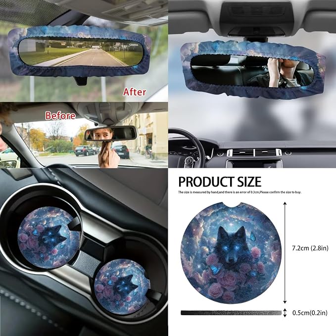 Universal Automotive Seat Covers & Accessories Full Set Wolf Rose Butterfly Print Car Front and Rear Seat Covers Steering Wheel Cover Armrest Cushion Safety Belt Pads Cup Cushions