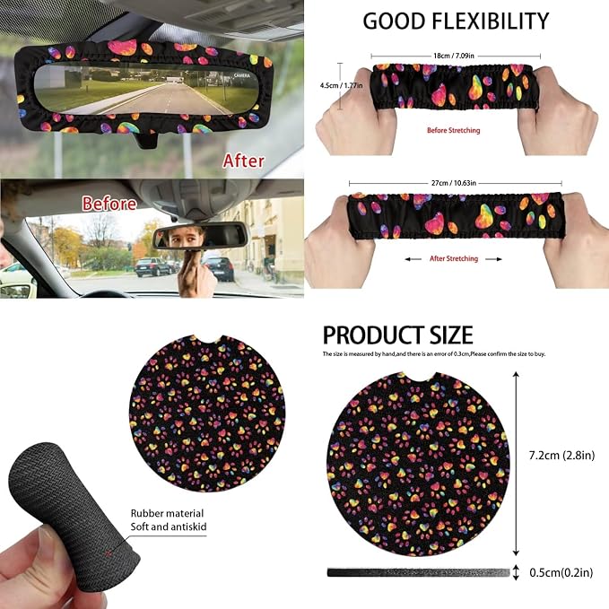 Colorful Dog Paw Car Seat Cover Set for Women, Car Steering Wheel Cover Seat Belt Pads Trash Bin Rearview Mirror Cover Cup Holder Wrist Key Chain, 15 PCS