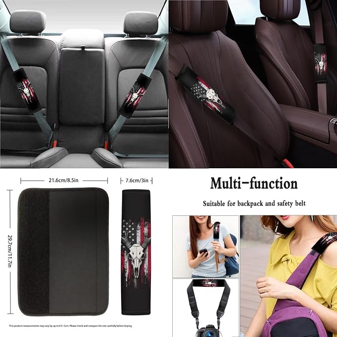 Xoenoiee American Flag Elk Bone Print Car Seat Covers and Accessories, Front Rear Seat Covers, Steering Wheel Cover, Seat Belt Pads, Coasters, Keychains for Car SUV Decor, 11 PCS Set