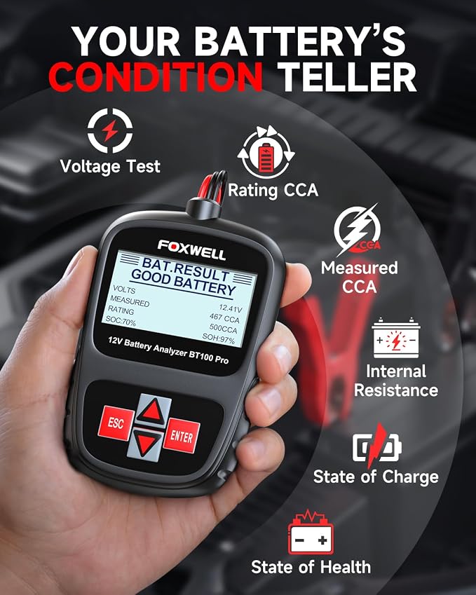 Car Battery Tester FOXWELL BT100 PRO, 12V Battery Load Tester, 100-1100CCA Automotive Digital Battery Analyzer for Car Truck Motorcycle SUV Boat Marine RV & Pickup