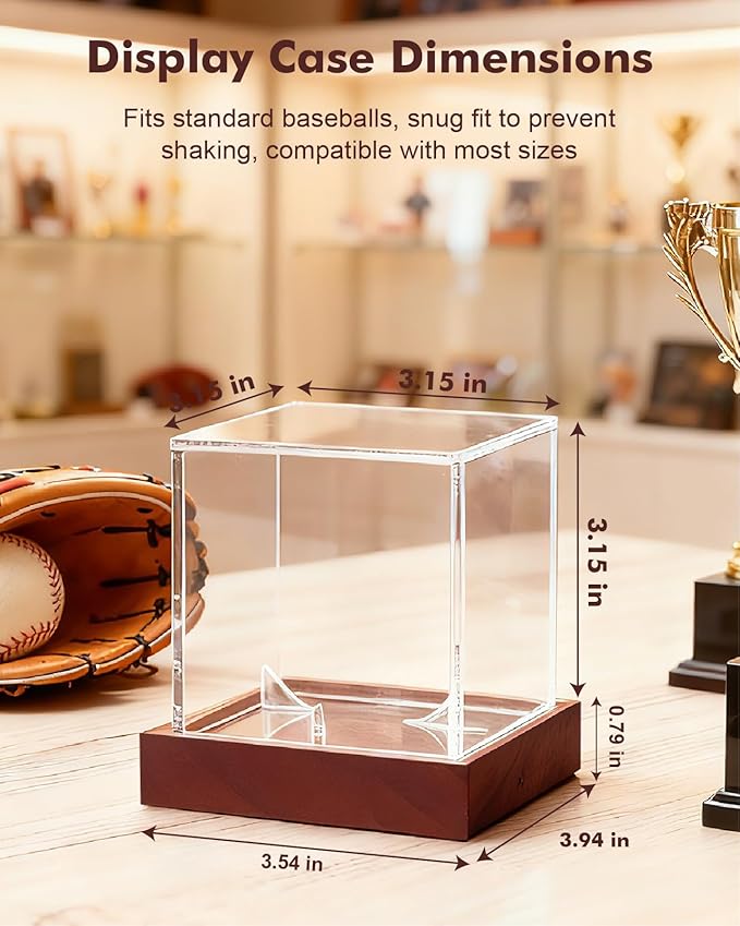 Fitense Clear Acrylic UV-Protected Sports Display Case with Solid Wood Base for Autographed Memorabilia, Baseball
