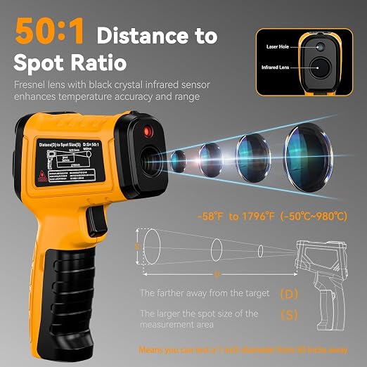 50:1 Infrared Thermometer Gun, -58°F to 1796°F, K-Type Probe | Surface & Internal Temperature Measurement • Humidity Display • HVAC & Equipment Diagnostics