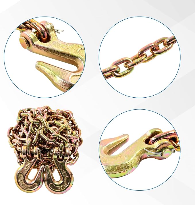 1/2 Inch x 16 Feet Transport Binder Chain G80 Safey Tow Chain with Grab Hooks 12000 Lbs Safe Work Load for Transporting Towing Tie Down Binding Equipment