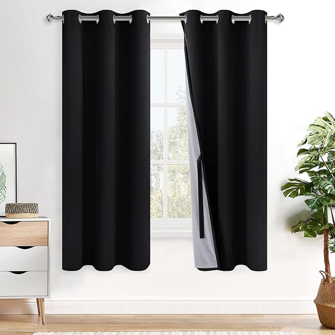 XWZO 100% Blackout Window Curtains - Thermal Insulated & Noise Reduction Black Liner Ring Top Window Treatment Sewn with Tiebacks for Bedroom/Living Room, Black, W42 x L63, Set of 2