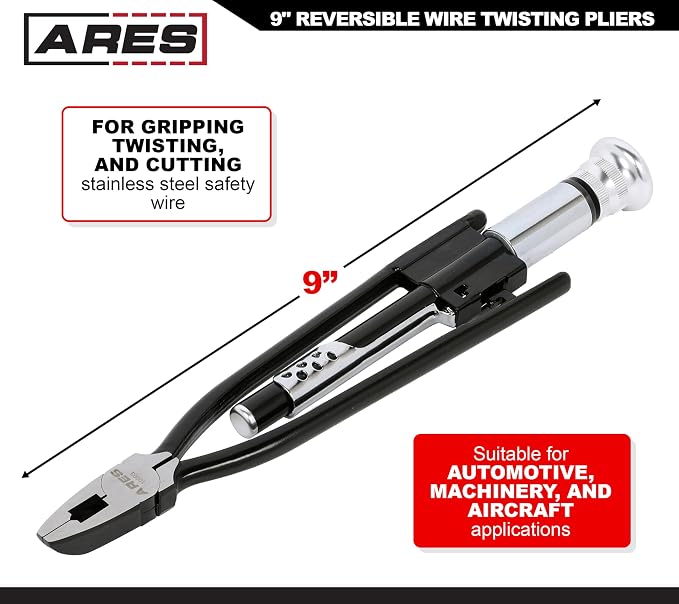 ARES 10003-9-Inch Reversible Wire Twister Pliers - Auto Spring Loaded Return – Durable Untwist Tool Grips, Twists, and Cuts Stainless Steel Safety Wire on Vehicles, Machinery, and Aircraft