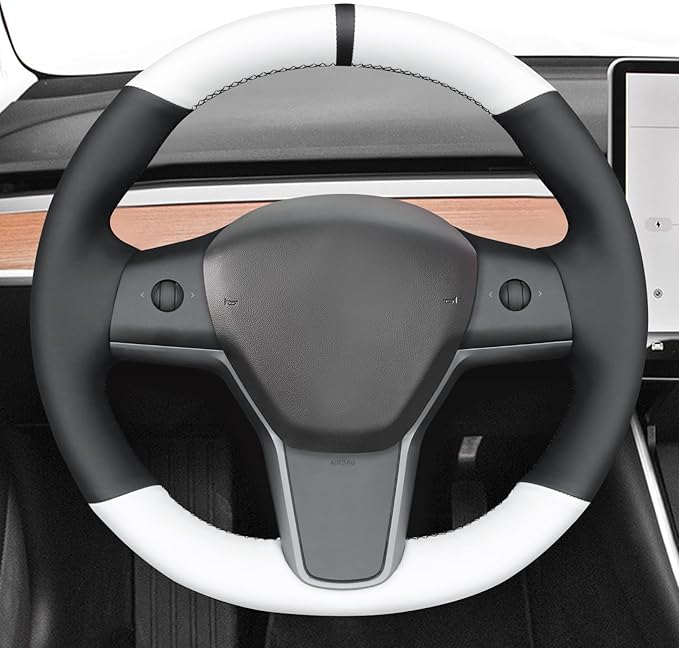 MEWANT Hand Stitch Steering Wheel Cover for Tesla Model Y 2023 Tesla Model 3 2020 Black White Faux Leather Steering Wrap