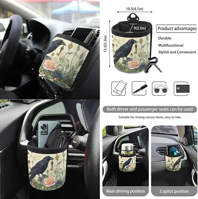 Crow Flower Print Full Set with Front Back Seats Steering Wheel Covers Rearview Mirror Cover Keychain Trash Can Auto Seat Belt Pads Air Vent Storage Bag Cup Holder Coaster for Women Men