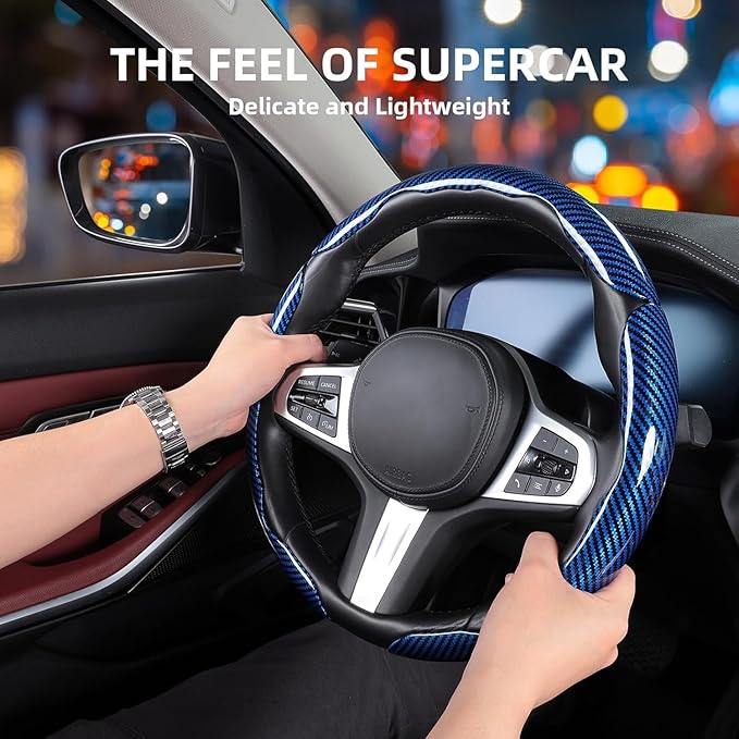 Carbon Fiber Steering Wheel Covers 3 Piece Clip on Steering Wheel Cover (Blue)