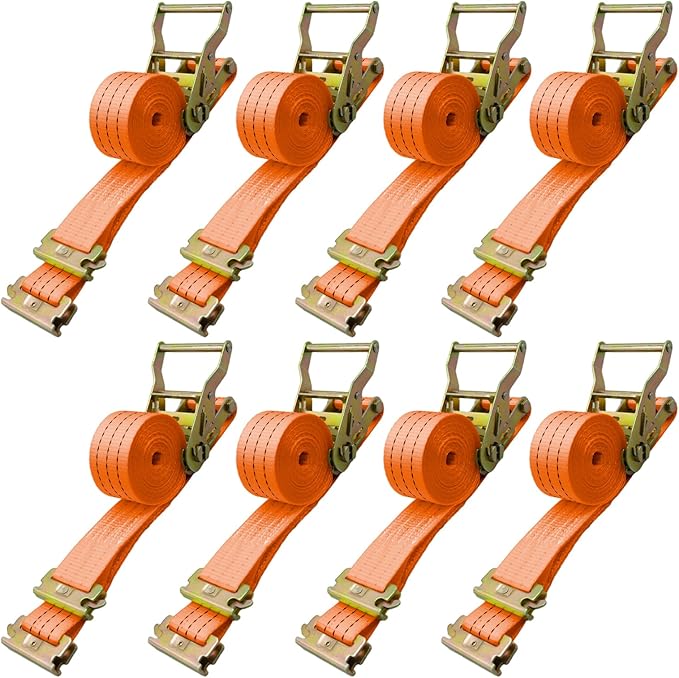 8 Pack 2" x 15' Heavy Duty E-Track Ratchet Straps - 4500LBS Break Strength - Tie Down Straps for Trucks, Trailers, Motorcycles, and Cargo（Orange）