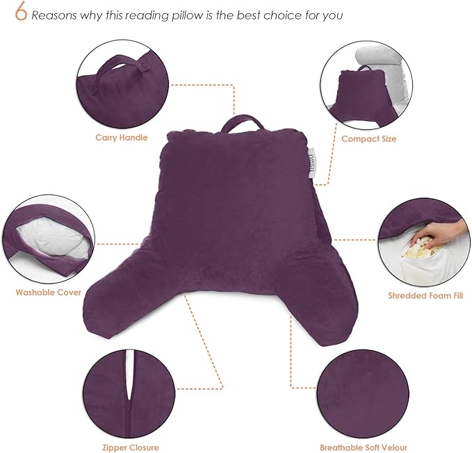 Nestl Reading Pillow with Shredded Memory Foam, Designed for Sitting Up in Bed and Couch, Back and Arms Adjustable Support for Adult & Teens Backrest Pillows for Reading, with Washable Cover Purple