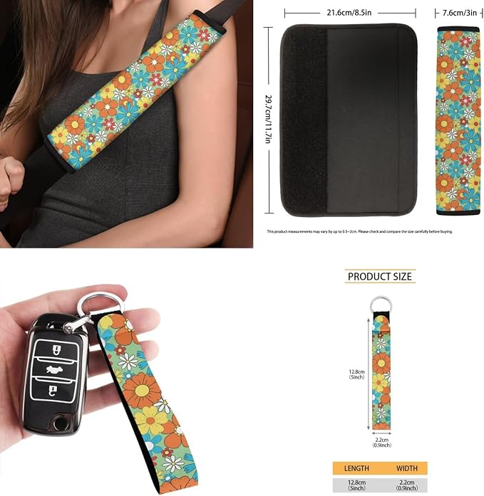 Hippie Floral Car Seat Cover Protector 15 PCS Set, with Steering Wheel Rearview Mirror Cover Seat Belt Pad Garbage Bag Coasters Key Chain Fit Most Vehicles