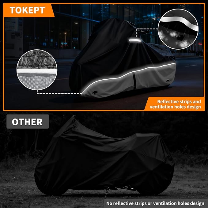 Motorcycle Cover, 107 Inch Touring Models Specific Vehicle Cover Storage Suitable for Road King, Road Glide, Street Glide, Electra Glide, Low Rider-ST and Most Motorcycles Grey
