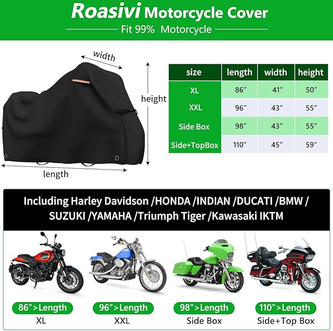Roasivi Motorcycle Covers Waterproof Outdoor Storage for Harley Davidson Touring Models Heavy Duty Cover for General Motorcycle 110" L x 45" W x 59" H Black