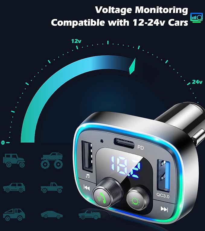 LIHAN USB C Bluetooth 5.4 Car Adapter, Wireless Upgrade Audio System for Non-Bluetooth Vehicles, FM Radio Transmitter, 48W Fast Charging, Stable Hands-Free Calling, MP3 Music Player, Support USB/TF