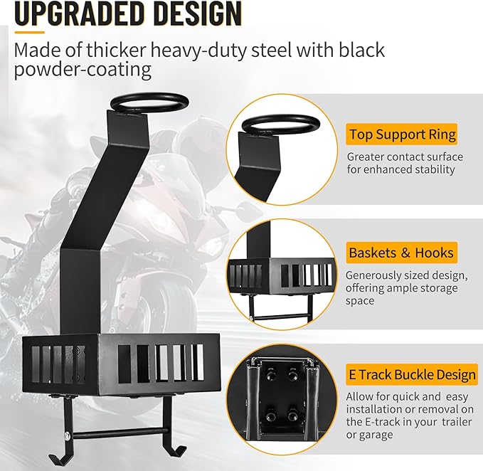 E Track Motorcycle Helmet Holder with Tray ＆ Hooks, Universal Wall Mount Helmet Rack for Garage or Workshop Organization
