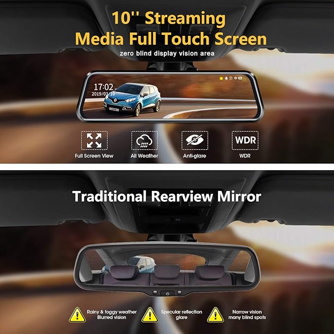 10'' Mirror Dash Cam Night Vision 1080P FHD Full Touch Screen Front and Rear View Backup Camera for Cars Loop Recording Streaming Media 170°Wide Angle Parking Assistance with 10 Meters Cable
