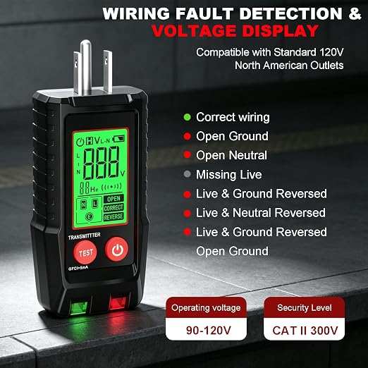 Circuit Breaker Finder with Outlet Tester, Quick GFCI, Voltage, AC 90-135V Electrical Circuit Tracer with Dual LCD Display, Batteries and Carrying Case