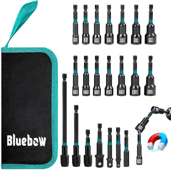 21-Piece Magnetic Nut Driver Set, Impact Drill Driver Bits with 1/4" Hex Shank, SAE & Metric Cr-V Steel Impact Nut Drivers, Quick-Release Bit Holder, and Storage Bag