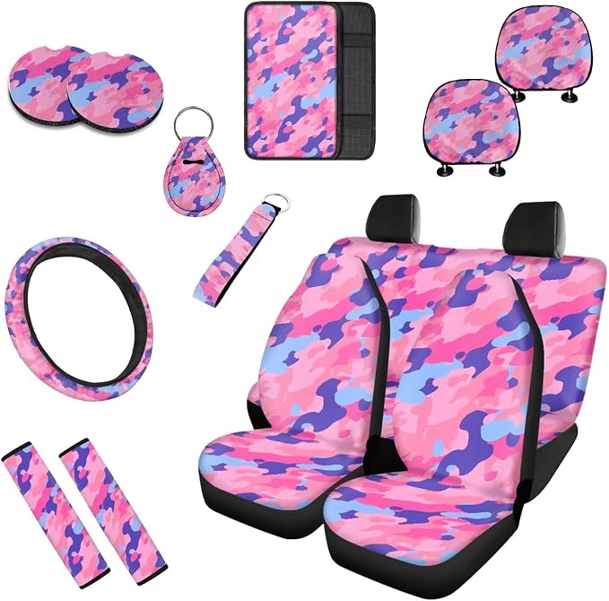 Camouflage Car Seat Covers Set of 13, Rainbow Camo Steering Wheel Cover Armrest Cover Seatbelt Covers Cup Mats, Modern Minimalism Easy to Install Car Seat Cover