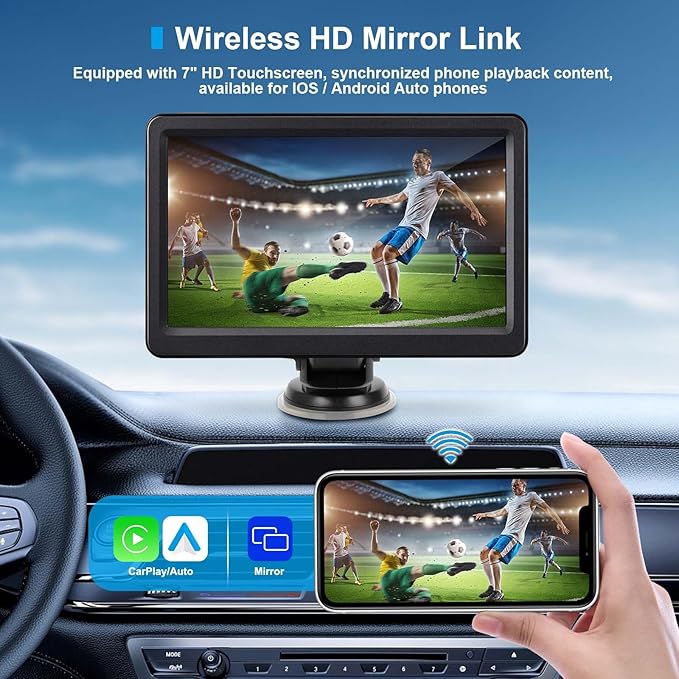 Wireless Carplay Screen for Car, 7" HD Portable Car Stereo Touch Screen, Compatible with Apple Carplay and Android Auto, with GPS Navigation, Bluetooth, Mirror Link, Voice Control, AUX Input, FM Radio