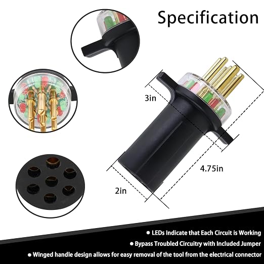 7865L 5 Pack 7-Way Round Pin Tractor Plug Tester Trailer Circuit，7 pin Trailer Plug Tester，Single Person Test Circuit Tester.