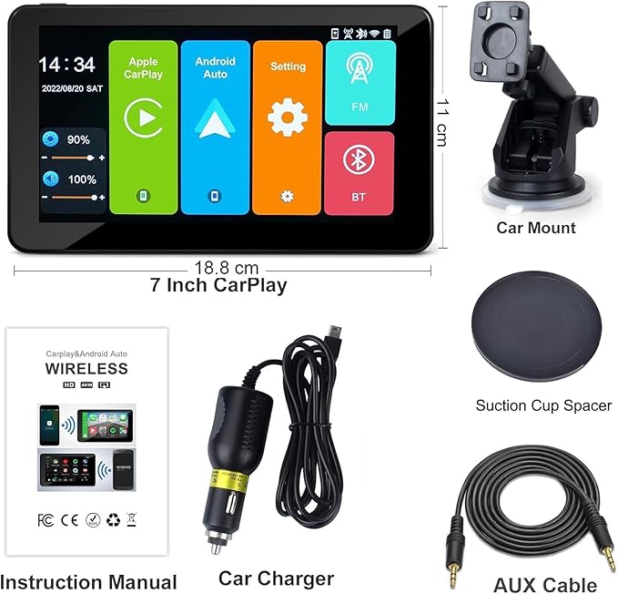 Apple Carplay Screen for Car, 7" HD Portable Car Stereo Touch Screen for Apple Carplay & Android Auto, Audio Receivers with Voice Control, Mirror Link, Bluetooth, Siri, AirPlay,GPS Navigation