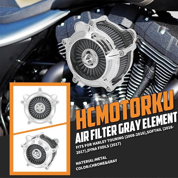 Air Cleaner Filter Aluminum Fit for Harley Touring Road King Street Glide Softail Sportster Dyna (Chrome Housing Grey Element, C For Touring 08-16,Softail 16-17,Trike 08-16)