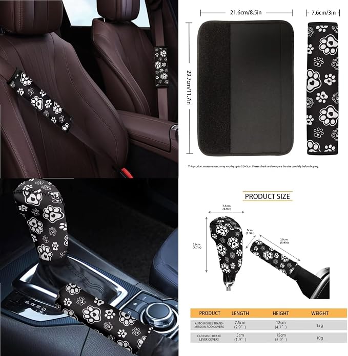 Dog Paw Print Car Seat Covers Front and Back Full Set with Steering Wheel Cover Armrest Cushion Safety Belt Pads Inside Rearview Mirror Cover Trash Bin, Universal Fits