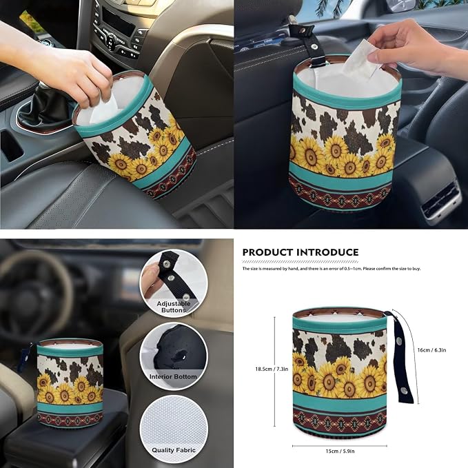 Aztec Sunflower Cowhide Car Seat Covers Set of 15 with Universal Steering Wheel Cover, Rearview Mirror Cover, Car Trash Can, Seatbelt Pads, Cup Holder Coasters, Keychains