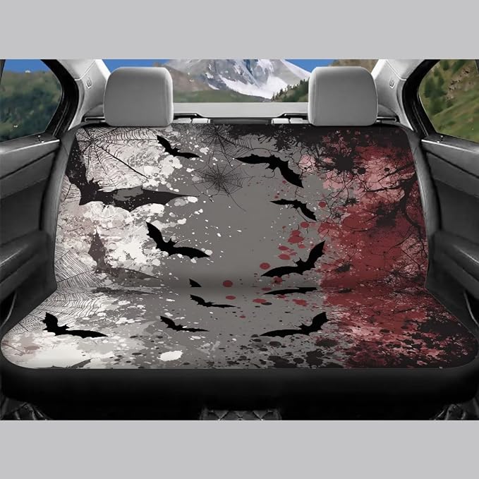Spider Web & Bats Pattern Auto Seat Cover Set of 13, Car Front & Back Seat Cover with Steering Wheel Cover, Seat Belt Covers Cup Holder Keychain, Fit for Most Cars SUV