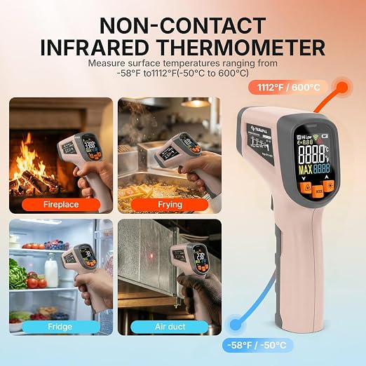 Tilswall Infrared Thermometer Gun, Laser Temperature Gun, -50°C~600°C (-58F~1112F) with Adjustable Emissivity, for Cooking/BBQ/Vehicle Repair, Meat Thermometer Included, Not for Human(Pink),W301