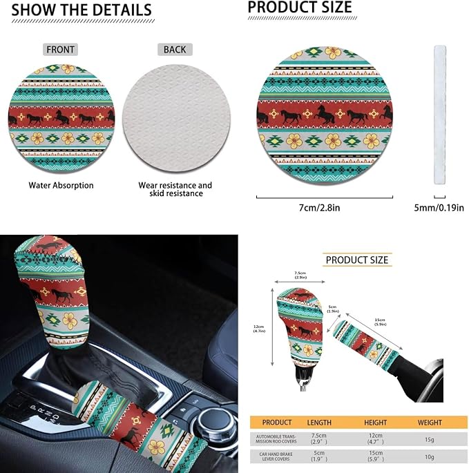 Dreaweet Aztec Tribal Horse Car Seat Covers Full Set 12 Pcs,Universal Car Seat Cover with Steering Wheel Cover,Seat Belt Pads,Armrest Cover,Cup Holder Coasters,Handbrake Cover,Gear Shift Knob Cover