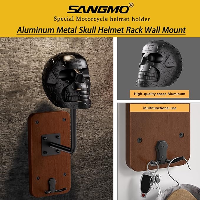 SANGMO Metal Skull Helmet Rack Wall Mount, Motorcycle Helmet Holder Wall Mount Bike with 2 Hooks for Motorcycle Bike Baseball Rugby Black (1 Pack)