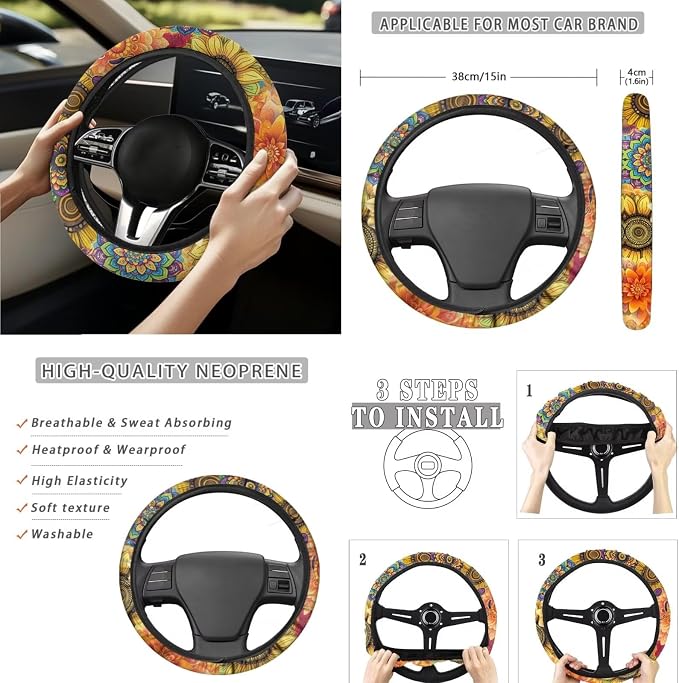 Boho Floral Bee Auto Interior Accessories Car Seat Covers with Auto Steering Wheel Cover Seat Belt Covers Car Trash Can View Mirror Cover Coaster Keychains