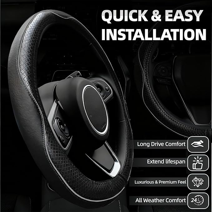 NBTEPEM 6 PCS Car Steering Wheel Cover Set, Microfiber Leather Steering Wheel Covers Universal 14.5-15 inch, Center Console Cover, Seat Belt Cushion, Cup Coaster, Car Accessories Set Black Grey