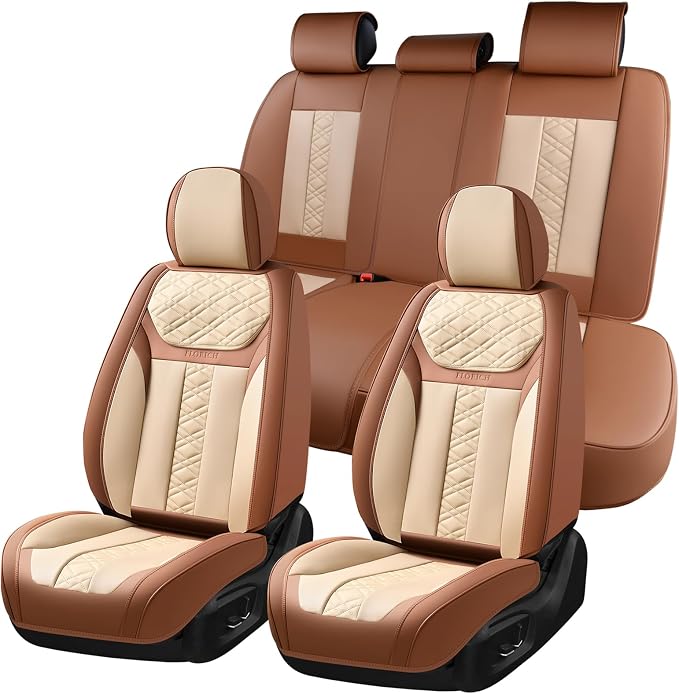 FLORICH Seat Covers, Atomutive Car Seat Covers Full Sets, Waterproof Seat Cover for Cars, Luxury Leather Universal Seat Cover Accessories Fit for Most Cars SUV Truck Sedans(Beige)