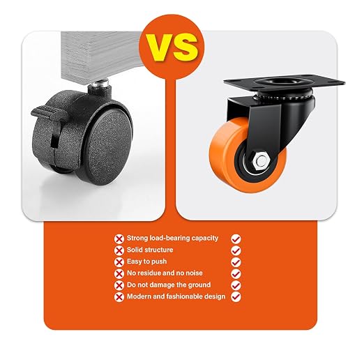 2.5" Swivel Plate Casters Set of 8 Heavy Duty 800 lbs | Orange PU, Non-Marking, Quiet. 800 Lbs/4 Casters. No Brake - Continuous Rolling. Black Rustproof Bracket. Workshop, Garage