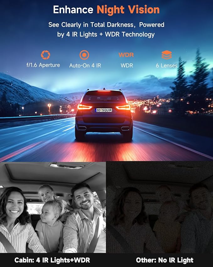4K 3 Channel Dash Cam Front and Rear,4K+2.5K+1080P Dash Camera for Cars Inside,3.2" Screen Dash Camera for Cars, WiFi APP Control,4 IR Night Vision, G-Sensor, 24H Parking Mode, 64GB SD Card Included