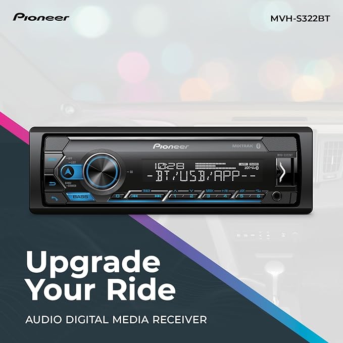 Pioneer MVH-S322BT 1-Din Digital Media Receiver – Bluetooth, USB, Color Change, FLAC, Voice Control, 50W x 4 Output, 13-Band EQ, AM/FM Radio, iPhone/Android Compatible, Front, Rear/SW Selectable RCA