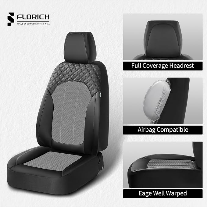 FLORICH Automotive Seat Covers 2 Seats Breathable Front Car Seat Cover Leather Air Mesh Car Seat Protector Cushion Airbag-Compatible Universal Fit for Most Car SUV Sedan Truck, Gray&Black