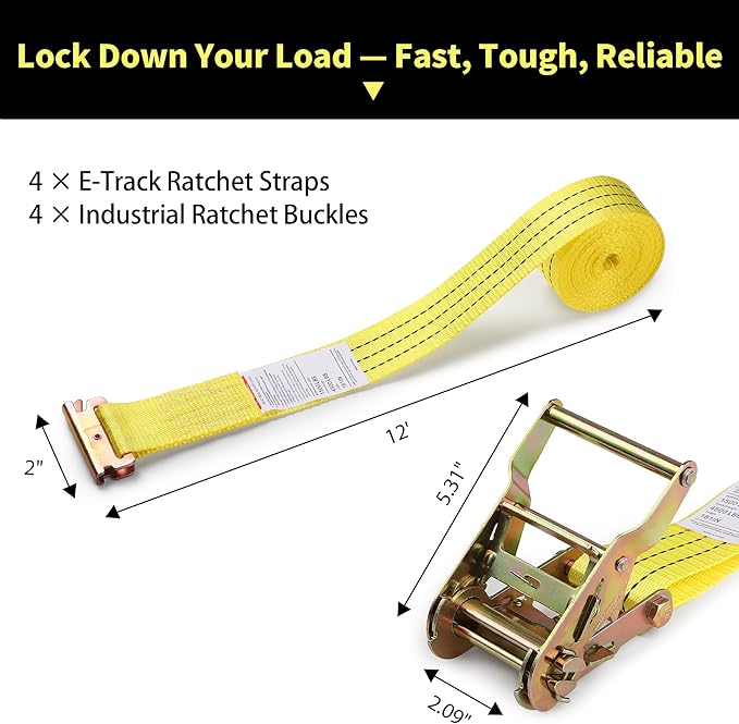 E Track Ratchet Straps, 4 Pack 2” x 12’ Heavy Duty Cargo Tie Down Straps, 4500 lbs Break Strength, Standard E-Track Fittings for Cargo Van, Box Truck, Trailer, Yellow