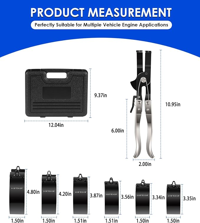 940387 Piston Ring Compressor Tool Set for Car Diesel Engines with Vehicle Maintenance Clamps, Ratchet Pliers and Storage Case, Piston Ring Band Sizes 2-7/8" to 4-3/8"