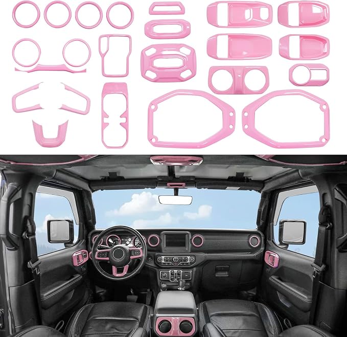 Barong for Jeep Wrangler JL JLU 2018-2023 Accessories Steering Wheel Door Handle Air Conditioning Vent Cup Holder Reading Light Headlight Gear Cover 23PCS Full Set Interior Trim Kit (Pink)