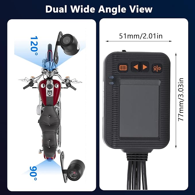 Fydun Motorcycle Dash Cam Front and Rear, 2 Inch 1080P+720P Dual Lens Motorbike DVR, IP67 Bike Camera with Loop Recording, G-Sensor, Parking Mode, Wired Remote Control