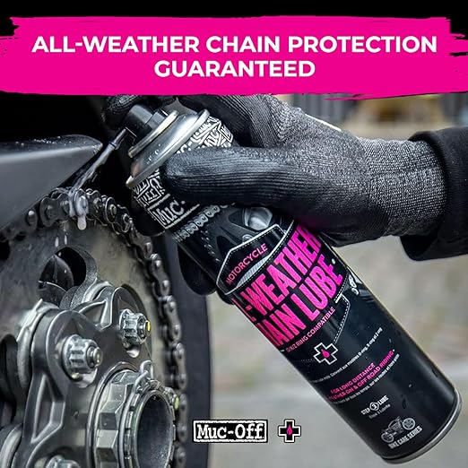 Muc-Off All-Weather Motorcycle Chain Lube 400ml + 5 Brush Set | Premium Synthetic Motorcycle Chain Lubricant | Ceramic Formula & Long-Lasting | Includes Bike Brush Kit
