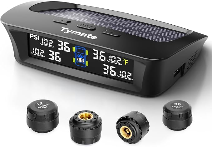 Tymate TM3 RV Tire Pressure Monitoring System, Tire Pressure Monitor with Solar Charge, TPMS with 4 Sensors(Max to 10) & 6 Alarm Modes, Updated w/Color LCD Display, 0-144PSI for RV/Trailer/Truck