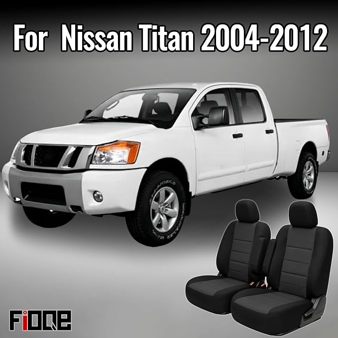 Heavy Duty Composite Fabric Front Seat Covers with Armrest for Nissan Titan 2004-2012 Easy to Clean and Washable - Black