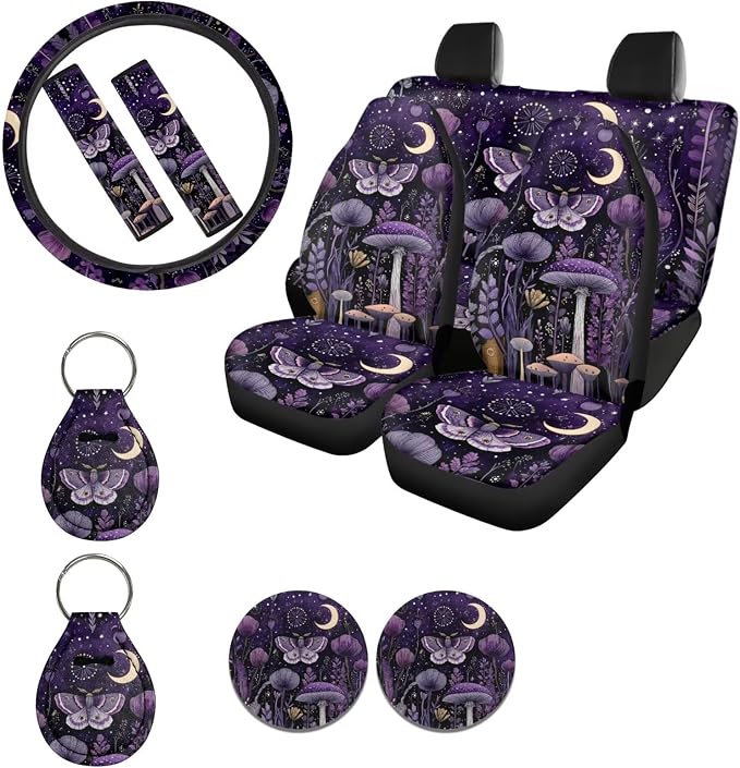 Ystardream Purple Moth Mushroom Car Seat Covers Full Set for Women Girly Car Seat Covers with Matching Steering Wheel Cover Machine Wash Automatic Interior Set,Easy to Install